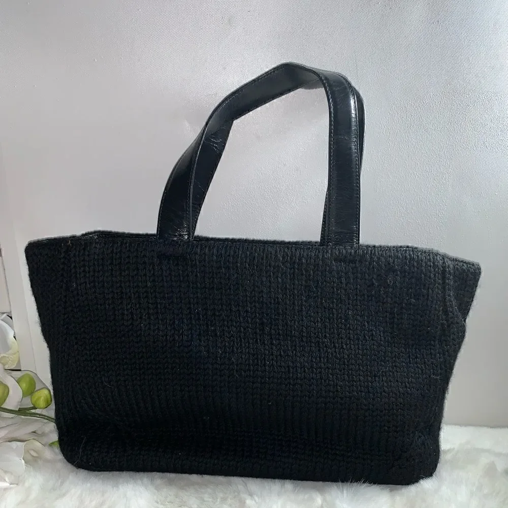Authentic Prada Knit Leather Trim Satchel Black